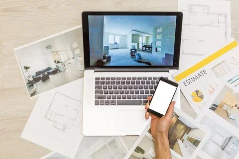 Top view of Designer hand working with laptop computer on wooden desk as Foto stock