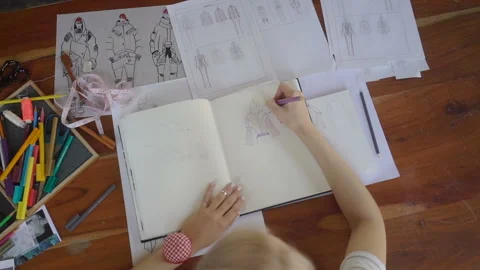 Top view of the designer with a pen, designing and sketching new collection Stock Footage 89098487