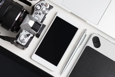 Top view of designer working table Stock Photos