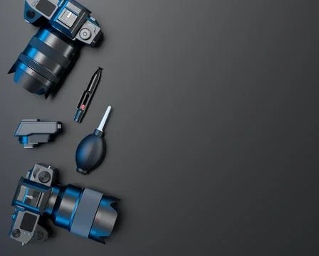 Top view of designer workspace and photography gear on black table background Stock Illustration