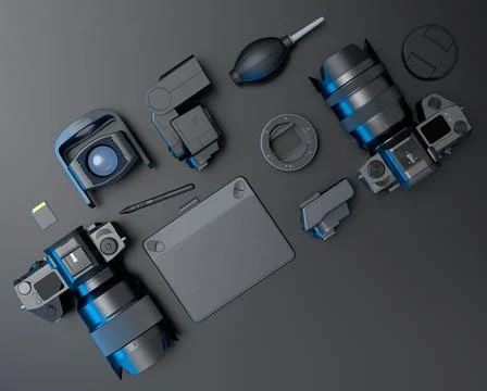 Top view of designer workspace and photography gear on black table background Stock Illustration
