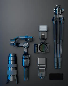 Top view of designer workspace and photography gear on black table background Stock Illustration