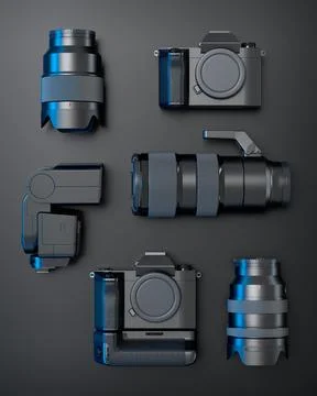 Top view of designer workspace and photography gear on black table background Stock Illustration