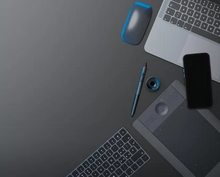 Top view of designer workspace and photography gear on black table background Illustrazione stock