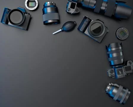 Top view of designer workspace and photography gear on black table background Stock Illustration