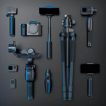 Top view of designer workspace and photography gear on black table background Stock Illustration