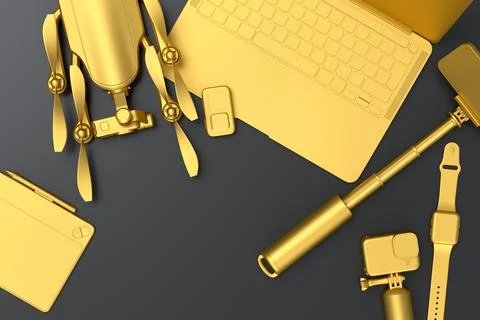 Top view of designer workspace and photography gear on black table background Stock Illustration