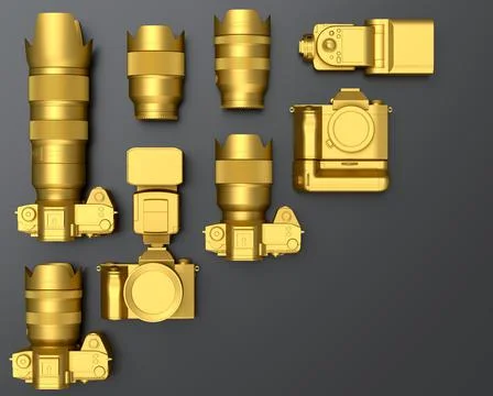 Top view of designer workspace and photography gear on black table background Illustrazione stock