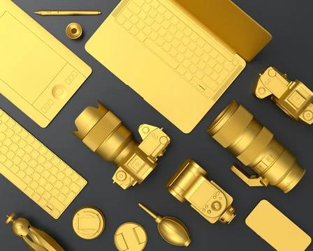 Top view of designer workspace and photography gear on black table background Stock Illustration