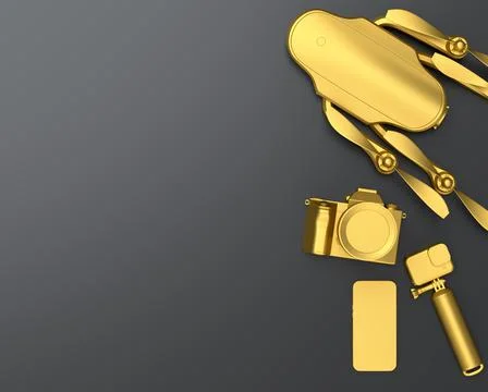 Top view of designer workspace and photography gear on black table background Stock Illustration