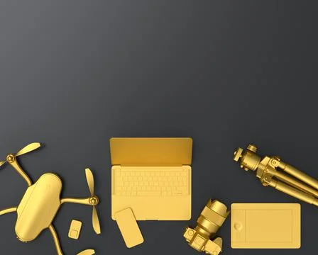 Top view of designer workspace and photography gear on black table background Stock Illustration
