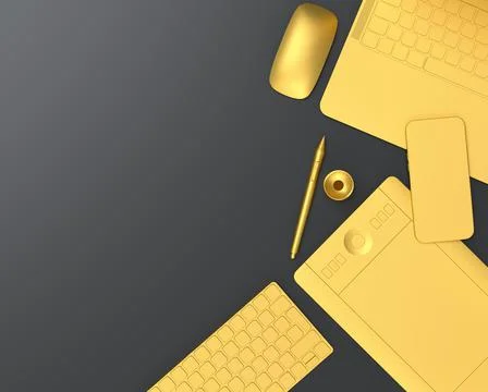 Top view of designer workspace and photography gear on black table background 스톡 일러스트