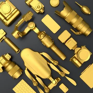 Top view of designer workspace and photography gear on black table background Stock Illustration