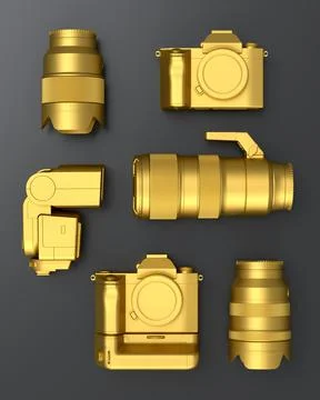 Top view of designer workspace and photography gear on black table background Stock Illustration