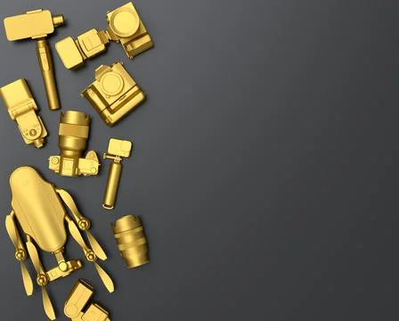 Top view of designer workspace and photography gear on black table background Stock Illustration