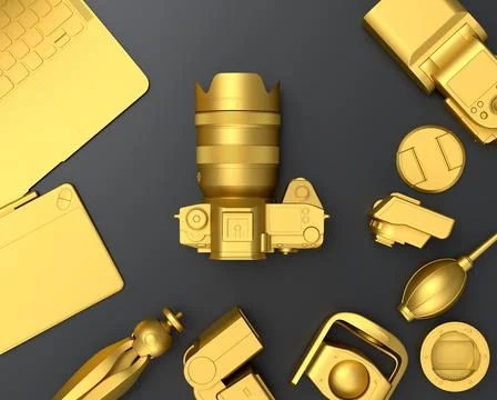 Top view of designer workspace and photography gear on black table background Stock Illustration