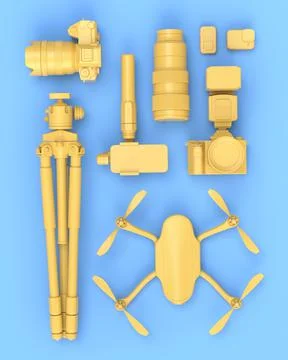 Top view of designer workspace and photography gear on blue table background Stock Illustration
