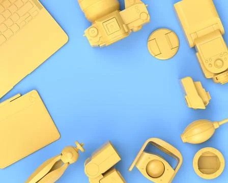 Top view of designer workspace and photography gear on blue table background Stock Illustration
