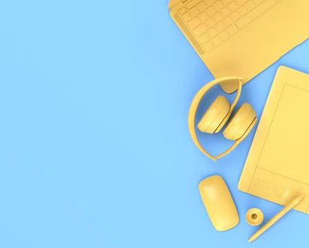 Top view of designer workspace and photography gear on blue table background Stock Illustration