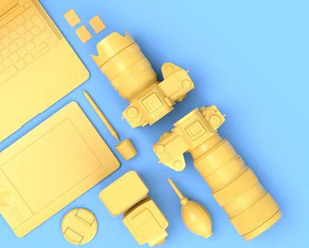 Top view of designer workspace and photography gear on blue table background Stock Illustration