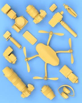 Top view of designer workspace and photography gear on blue table background Stock Illustration