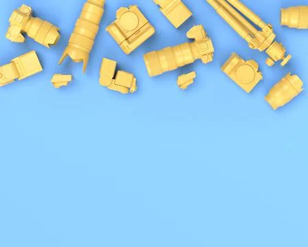 Top view of designer workspace and photography gear on blue table background Illustrazione stock