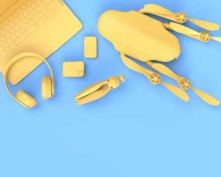 Top view of designer workspace and photography gear on blue table background Illustrazione stock