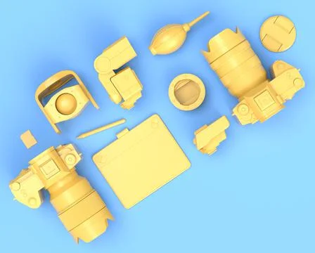 Top view of designer workspace and photography gear on blue table background Stock Illustration