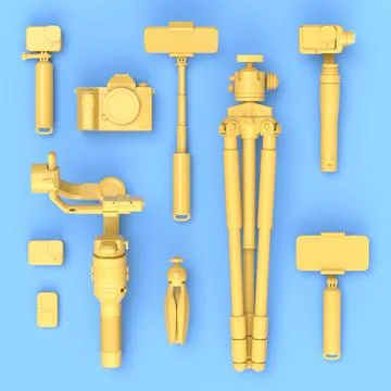 Top view of designer workspace and photography gear on blue table background Stock Illustration