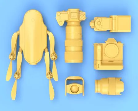 Top view of designer workspace and photography gear on blue table background Stock Illustration