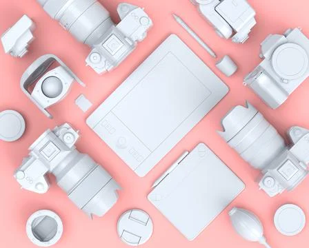 Top view of designer workspace and photography gear on black table background Stock Illustration