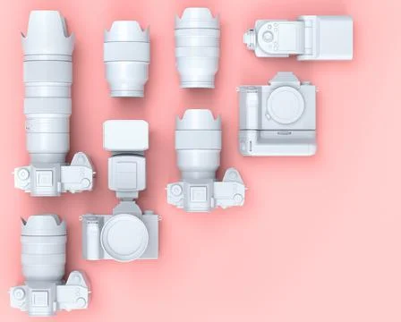 Top view of designer workspace and photography gear on black table background Stock Illustration