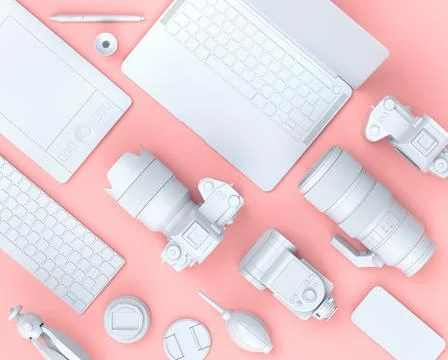 Top view of designer workspace and photography gear on black table background Stock Illustration