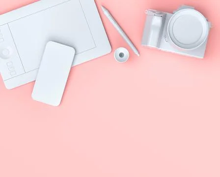 Top view of designer workspace and photography gear on black table background Stock Illustration