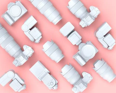 Top view of designer workspace and photography gear on black table background Stock Illustration