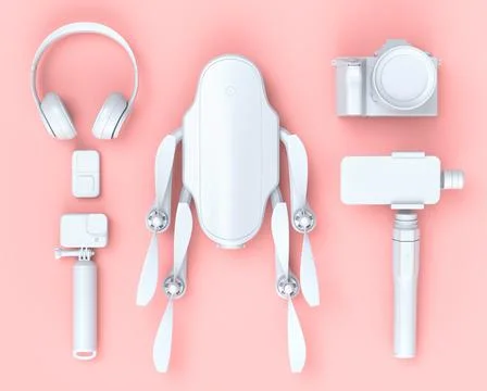 Top view of designer workspace and photography gear on black table background Stock Illustration