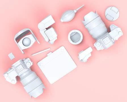 Top view of designer workspace and photography gear on black table background Stock Illustration