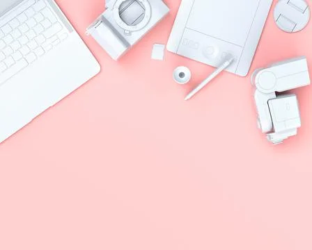 Top view of designer workspace and photography gear on black table background Stock Illustration
