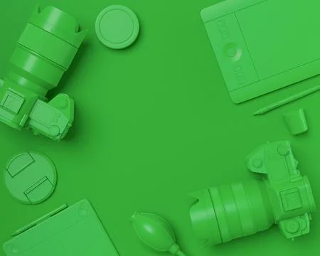 Top view of designer workspace and photography gear on monochrome table Stock Illustration