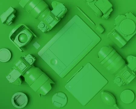 Top view of designer workspace and photography gear on monochrome table Stock Illustration