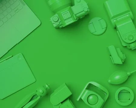 Top view of designer workspace and photography gear on monochrome table Stock Illustration