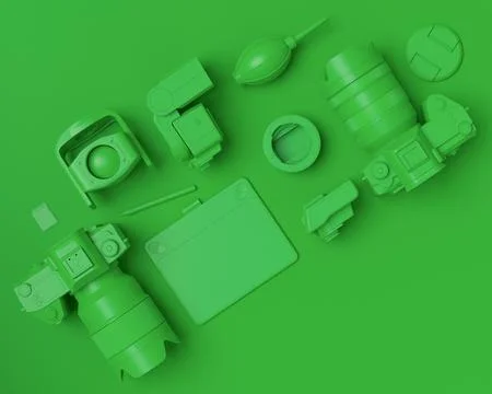 Top view of designer workspace and photography gear on monochrome table Stock Illustration