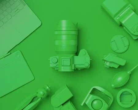 Top view of designer workspace and photography gear on monochrome table Stock Illustration