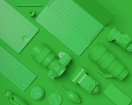 Top view of designer workspace and photography gear on monochrome table Stock Illustration