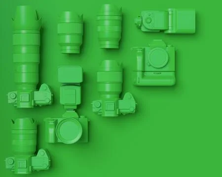 Top view of designer workspace and photography gear on monochrome table Stock Illustration