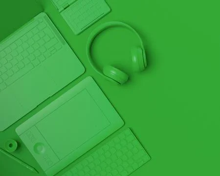 Top view of designer workspace and photography gear on monochrome table Stock Illustration
