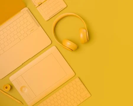 Top view of designer workspace and photography gear on monochrome table Stock Illustration