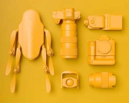 Top view of designer workspace and photography gear on monochrome table Stock Illustration