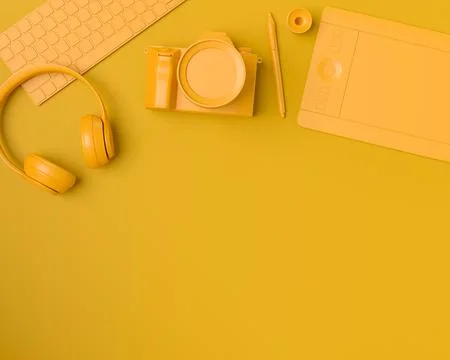 Top view of designer workspace and photography gear on monochrome table Stock Illustration