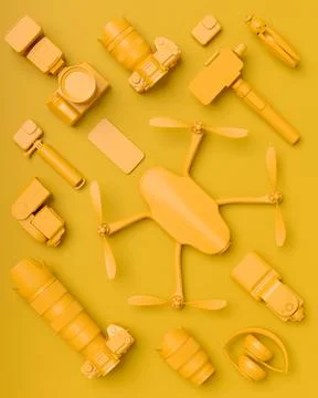 Top view of designer workspace and photography gear on monochrome table Stock Illustration